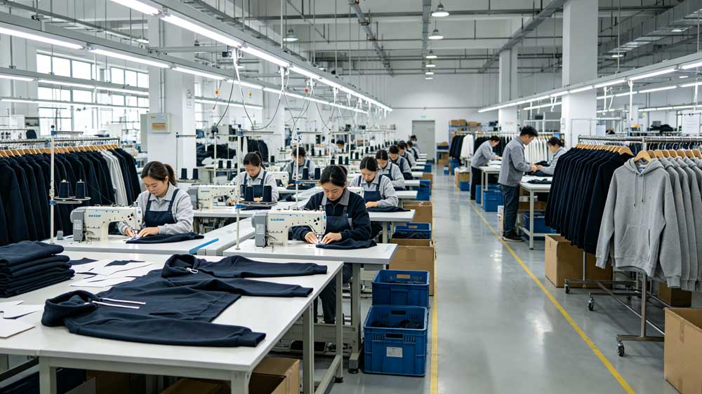 Standard production workshop of GreHex China factory for custom hoodie ODM orders