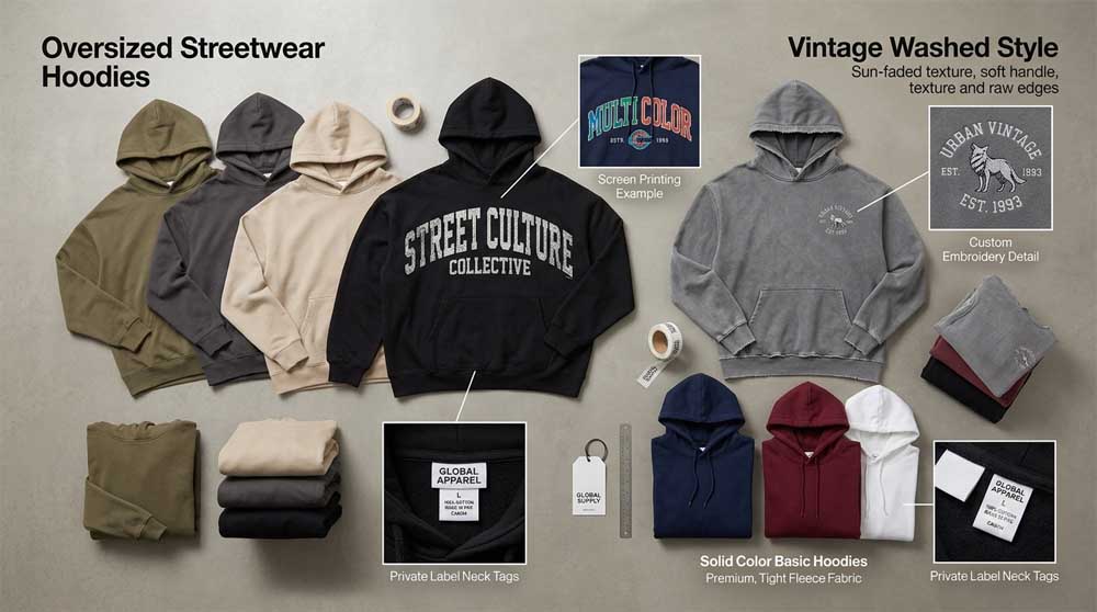 Diverse styles of private label custom hoodie ODM products from GreHex factory