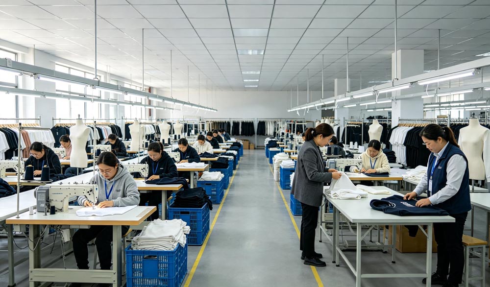 Modern factory full-cycle production and quality inspection scene for custom t shirt and hoodie full custom apparel OEM service