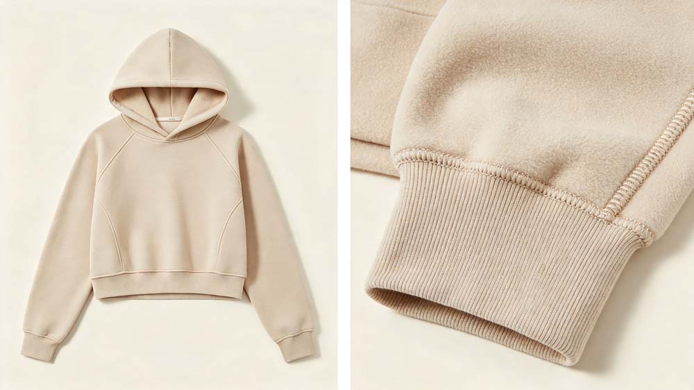 Close-up of tailored cropped waistline, ribbed detail and fabric texture of GreHex custom cropped hoodie for fashion retail ODM orders