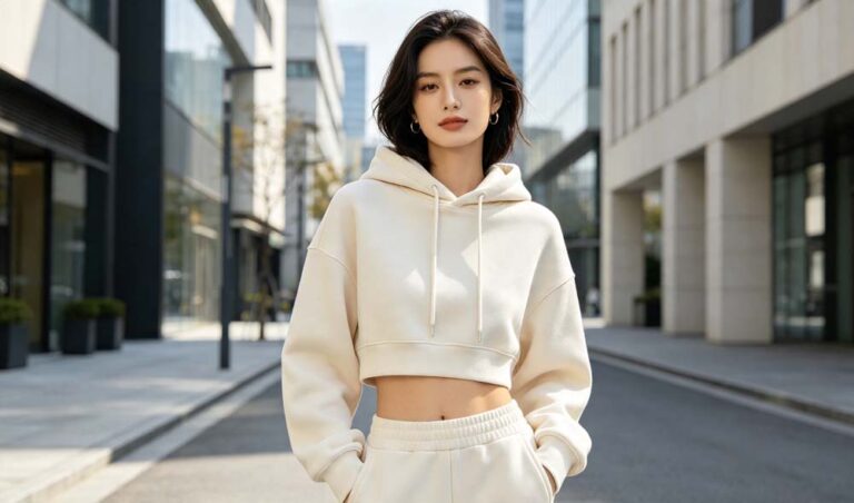 Stylish woman wearing custom cropped hoodie, trendy cropped silhouette ODM apparel for fashion retail brands by GreHex