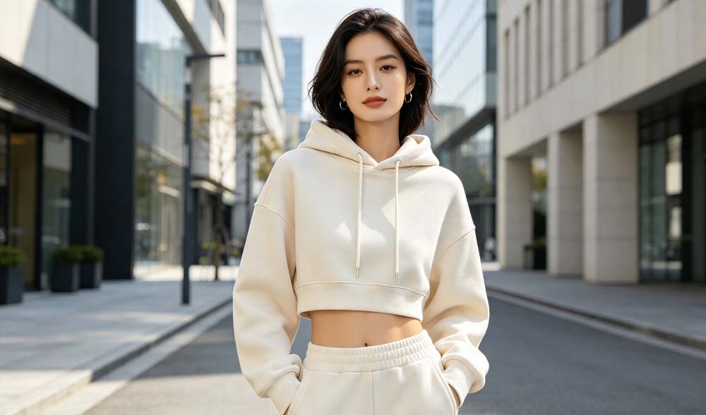 Stylish woman wearing custom cropped hoodie, trendy cropped silhouette ODM apparel for fashion retail brands by GreHex