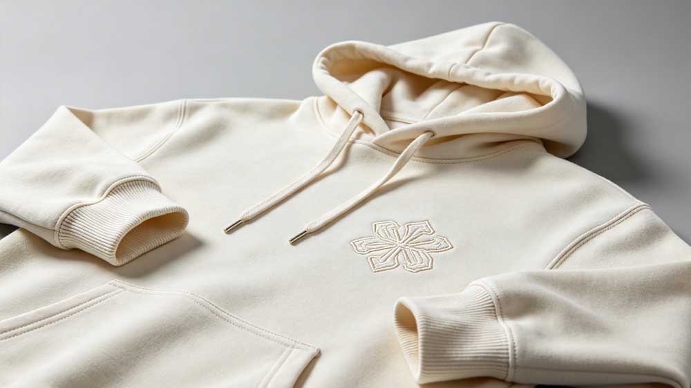 Close-up of high-precision logo embroidery, neat stitching and delicate texture on custom hoodie from GreHex low MOQ embroidery service