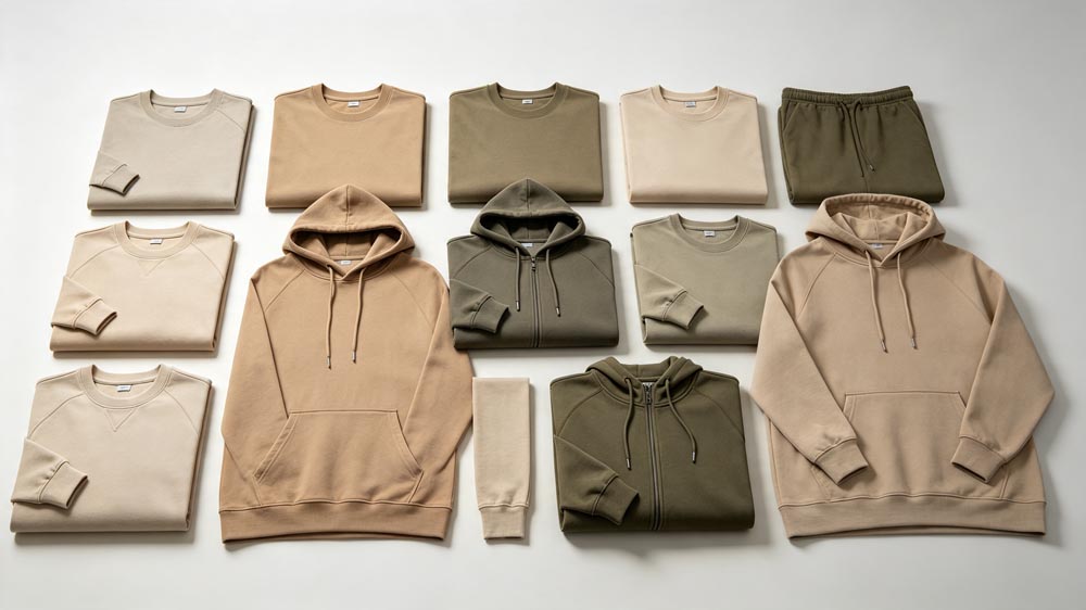 Neat display of full-category custom casual apparel including t-shirts, hoodies, sweatshirts and custom tops from GreHex one-stop full custom apparel OEM service