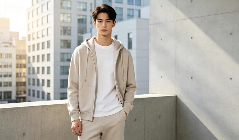 Trendy model wearing custom printed t-shirt and casual hoodie, showcasing full custom apparel OEM service from GreHex professional clothing factory