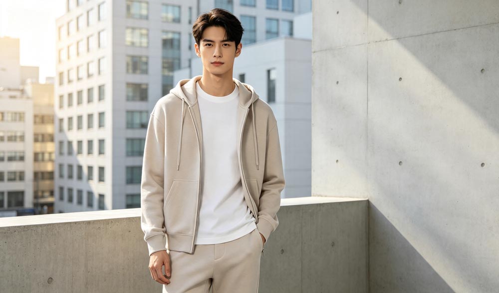 Trendy model wearing custom printed t-shirt and casual hoodie, showcasing full custom apparel OEM service from GreHex professional clothing factory