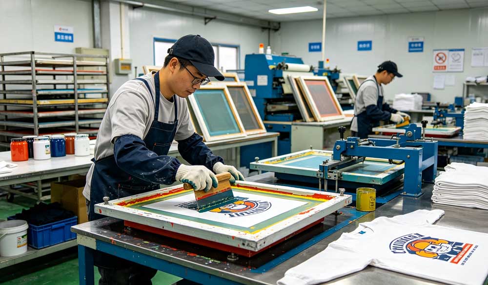 In-house screen printing production process for custom long sleeve t shirt OEM at GreHex China factory