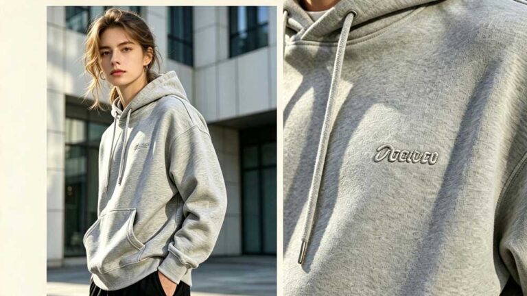 Trendy model wearing premium custom logo embroidered hoodie, showcasing low MOQ embroidery customization service from GreHex apparel manufacturer