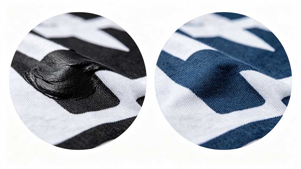 Close-up macro shot showing surface ink layer texture, fiber penetration and edge fineness of screen printing and DTG direct printing on cotton t-shirts