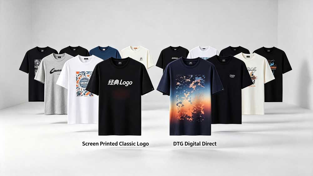 Finished custom t-shirts showing large-area screen printing solid color effect and gradient DTG printing portrait effect, reflecting craft scenario adaptability