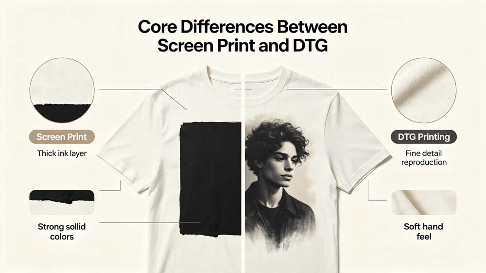 Professional visual comparison of screen printing and DTG direct printing effects on custom t-shirts, showing two mainstream printing crafts from GreHex factory