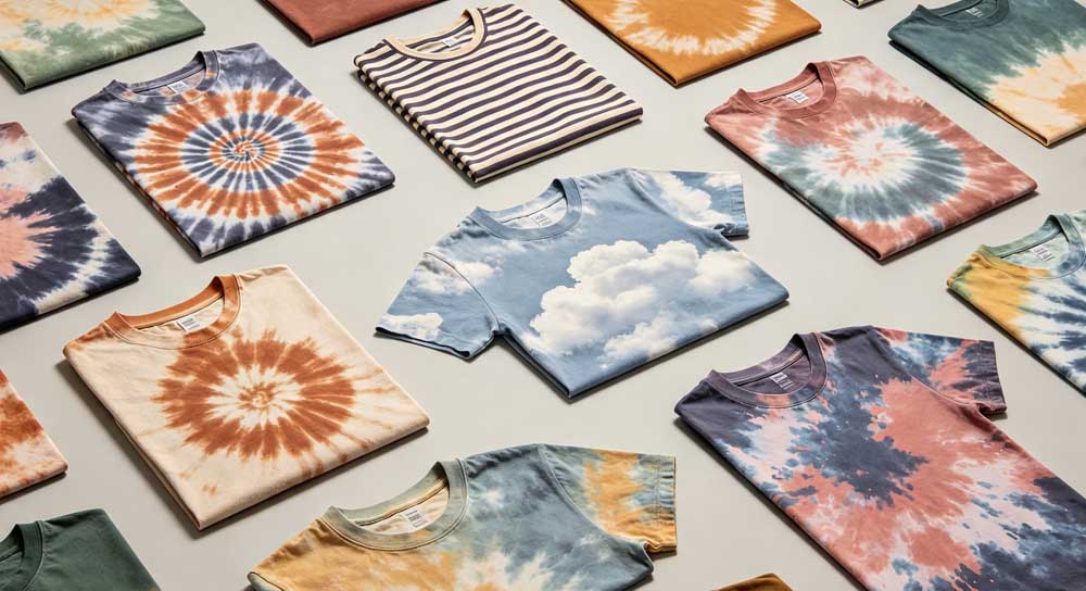 Rich collection of custom tie-dye t-shirts with diverse patterns and color schemes, showing GreHex full-style tie-dye OEM customization strength for fashion brands