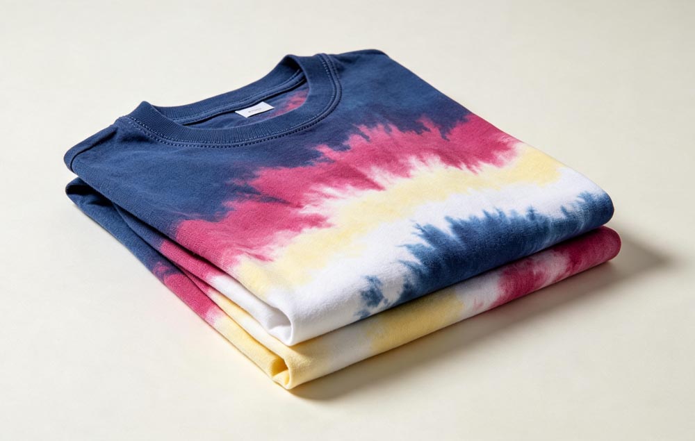 Close-up of premium handmade tie-dye texture, natural gradient color and casual street styling of custom t-shirt from GreHex OEM service