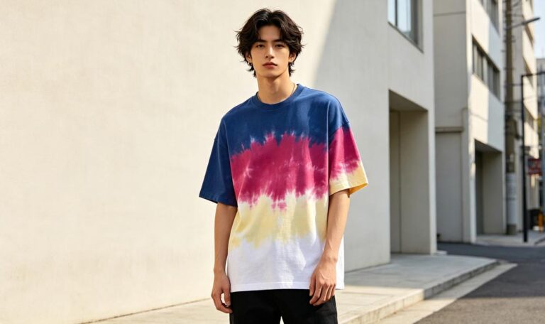 Fashion female model wearing trendy handmade tie dye t-shirt, showcasing premium custom tie-dye OEM apparel from GreHex professional dyeing factory