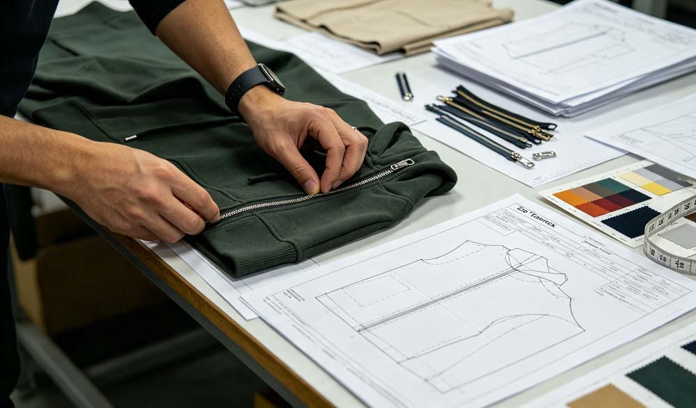In-house ODM tech pack design and sample development workshop at GreHex custom zip up hoodie manufacturer factory
