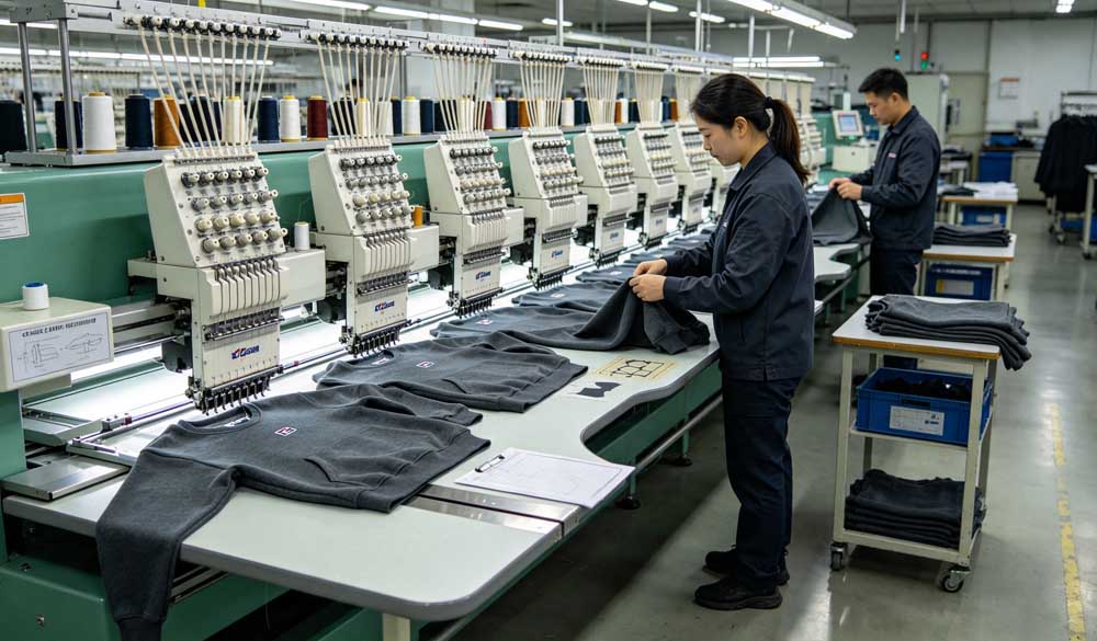 In‑house logo embroidery and printing workshop of GreHex custom logo hoodie wholesale manufacturer