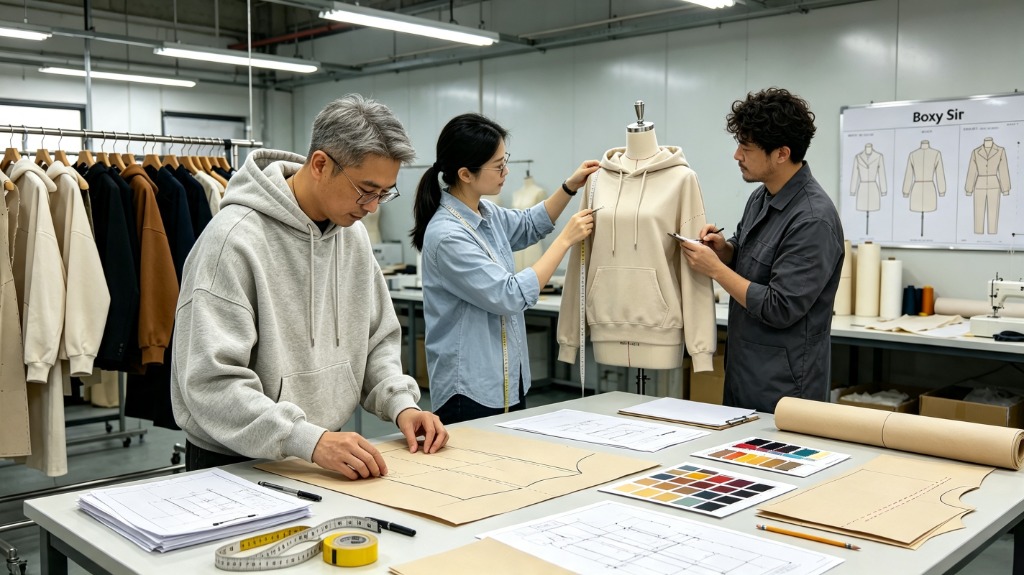 In‑house pattern cutting and sample workshop for high quality custom oversized hoodie ODM at GreHex factory